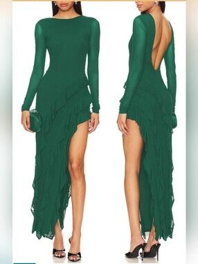 NWT Capuffy Emerald Green Backless Ruffle Maxi Dress Size M Formal Evening Gown‎